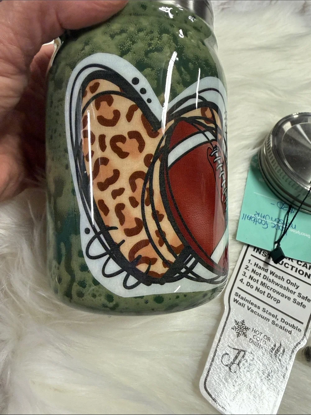 Proxy Metal Mason Jar Green Football with leopard heart Tumbler with lid & Straw
